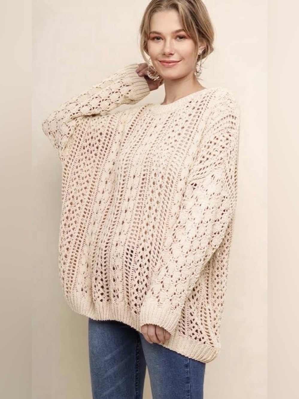 UMGEE Cream Open Knit Oversized Crochet Sweater Cozy Boho Chic Sz Small